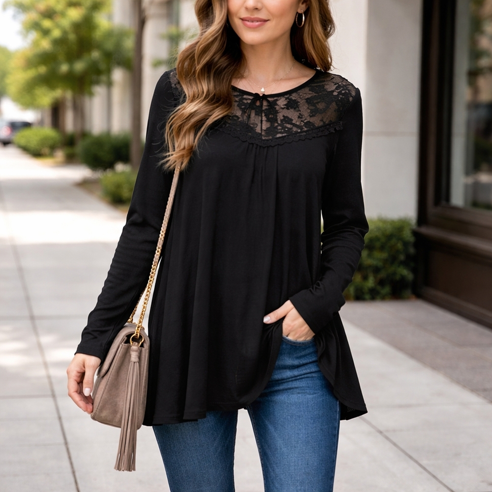 NWT Mittoshop Black Lace Yoke Tunic Top Long Sleeve Flowy